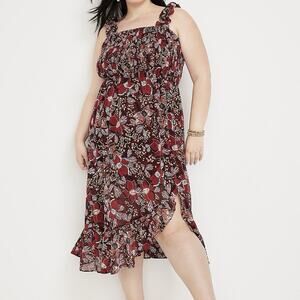 NEW Maurices Smocked Midi Dress Boho Floral Maroon Chiffon Sleeveless Size 1X